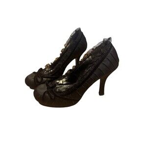 Pulse Womens Black Satin Lace Bow Heels Pumps Gothic Witchy Y2K Pin Up High Sz 8